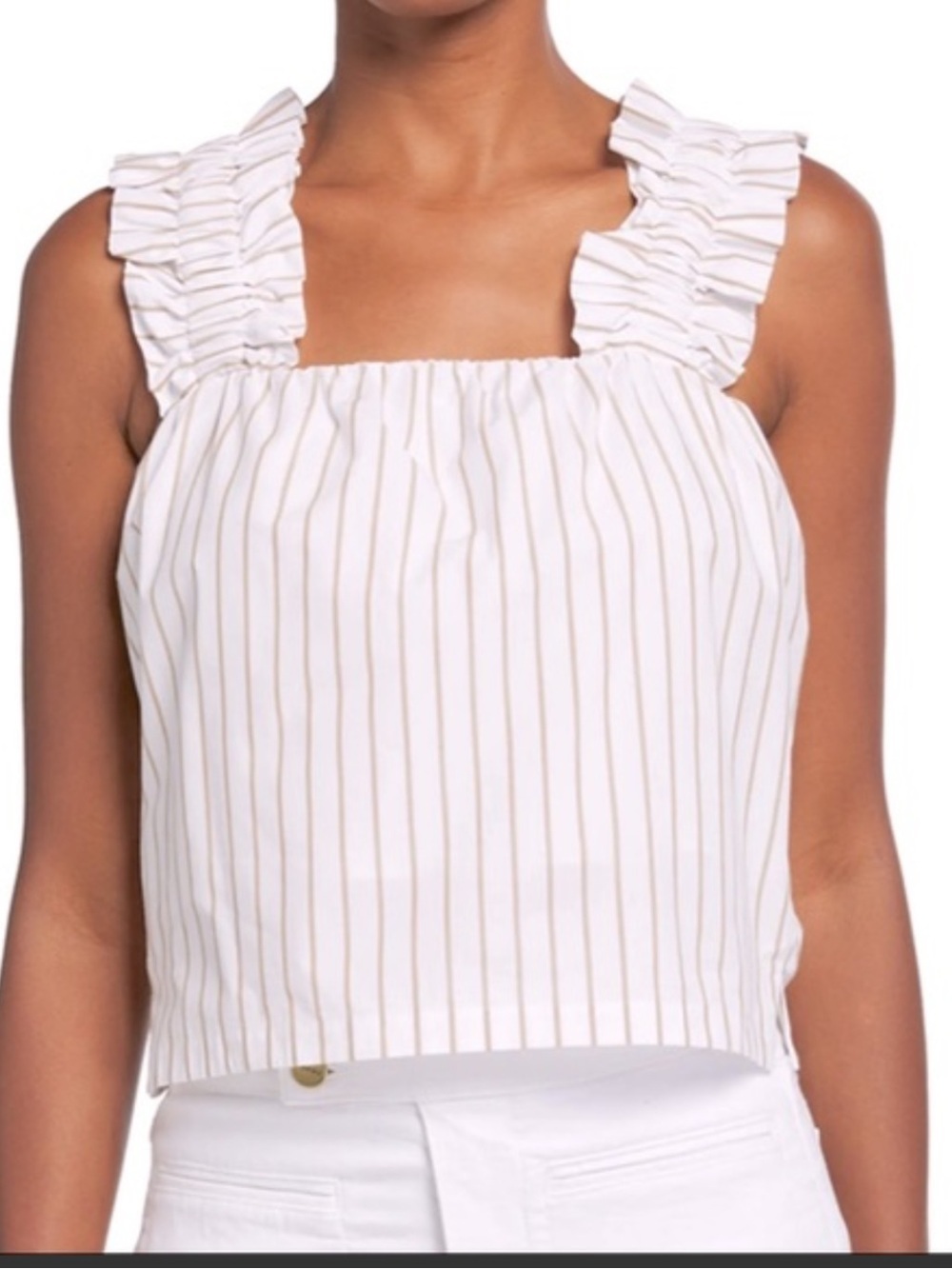 Frame Denim White Crop Tank with Beige Pinstripes | M